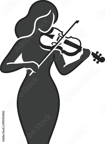 Elegant female violinist silhouette playing classical music on violin instrument, graceful woman musician performing orchestral concert, artistic black and white vector illustration isolated on white.
