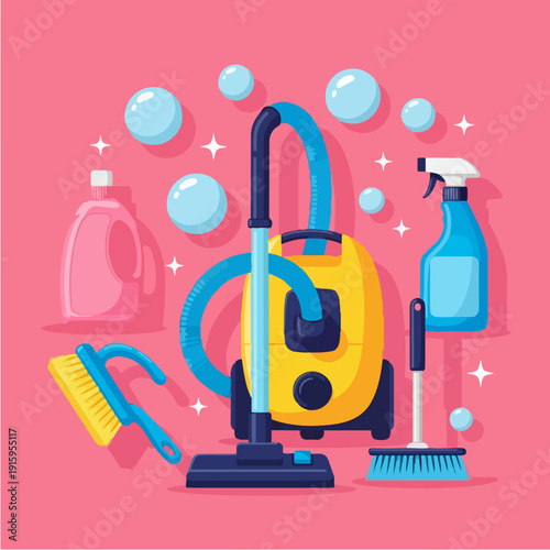 Cleaning supplies including vacuum cleaner brushes and spray bottle.