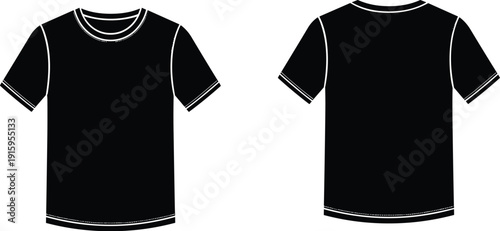 Black t-shirt vector mockup set with front and back views isolated on white background for apparel design branding streetwear fashion technical drawing and clothing templates