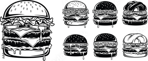 Delicious burger vector illustration set featuring black and white cheeseburger line art with melting cheese for restaurant menus fast food branding and retro cafe designs