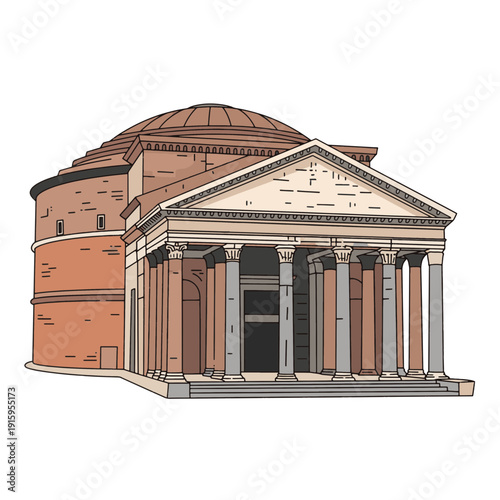 Highly Detailed Vector Illustration of the Pantheon in Rome with Classic Roman Dome and Corinthian Columns, Iconic Ancient Architecture and Historical Monument