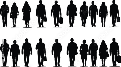 Black silhouettes of people walking in business attire on white background