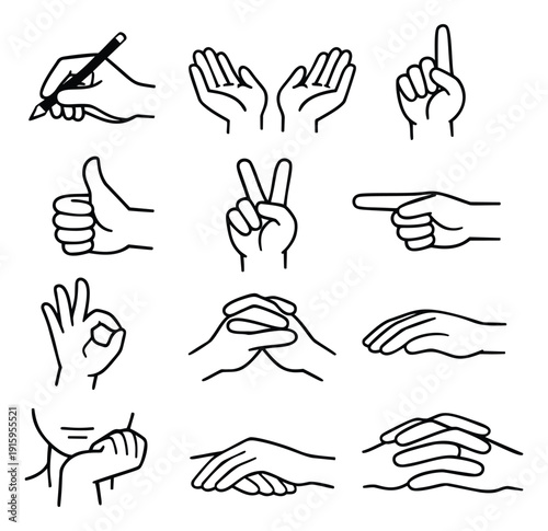 Hand drawn line art hand gestures set featuring various expressive poses for communication concepts