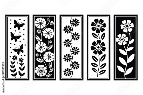 Flower vector illustrations in black and white rectangular frames