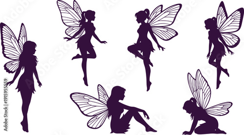 Purple silhouette fairies in various poses silhouettes wings mythical creatures