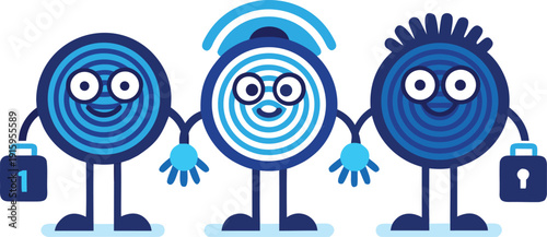 Three cartoon characters with security and data protection theme