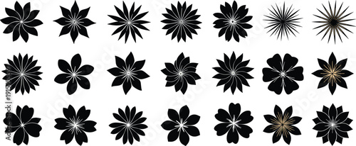 Black flower silhouettes with white and gold accents on white background