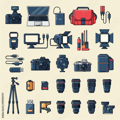 Collection of photography equipment and accessories for professional use.