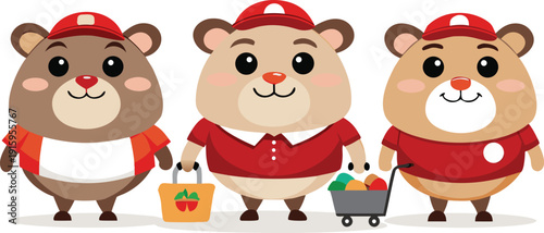 Cute cartoon hamsters shopping for fresh produce