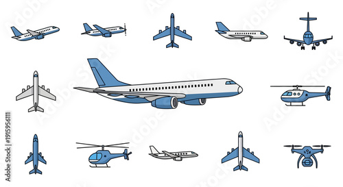 Diverse Aircraft Collection: Airplanes, Helicopters, Drone - Aviation Icons