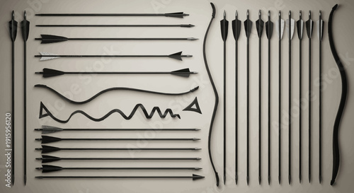 Collection of Arrows and Bows: Ancient Weapons and Archery Equipment