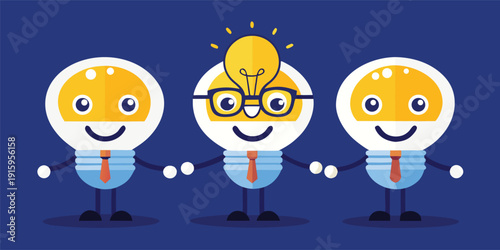 Three businessmen with lightbulb heads symbolizing teamwork and innovation