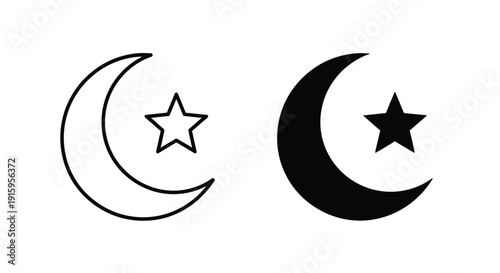 Black and white crescent moon and star symbols in line and solid styles