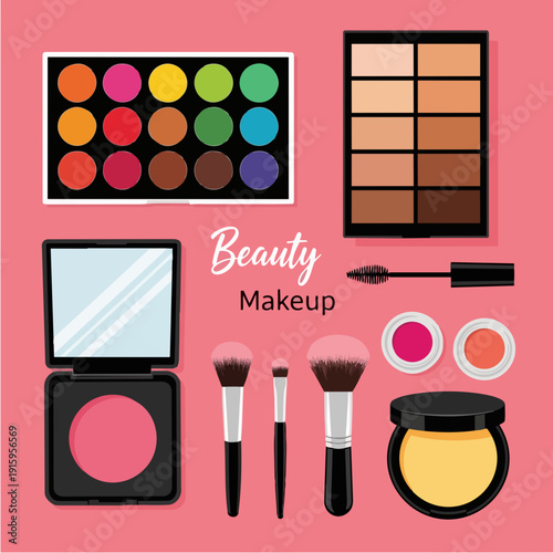Collection of colorful makeup products and tools for beauty.