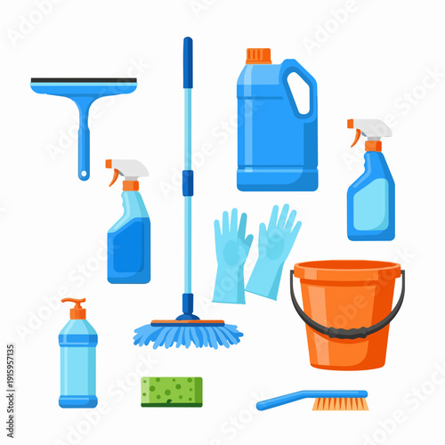 Collection of cleaning supplies and tools for home hygiene.