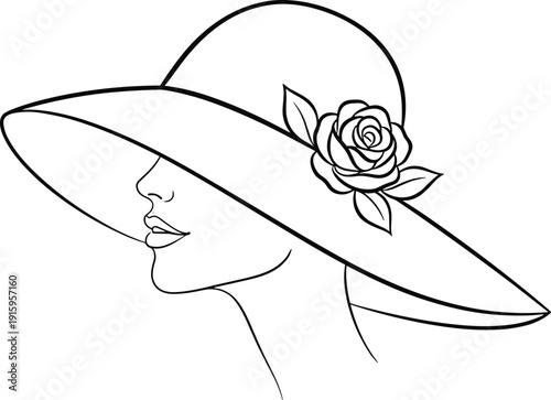 Minimalist black and white line art illustration of a beautiful woman wearing an elegant wide brim straw sun hat decorated with a rose flower.