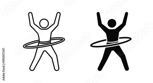 Black and white stick figures playing with hula hoops in fun poses