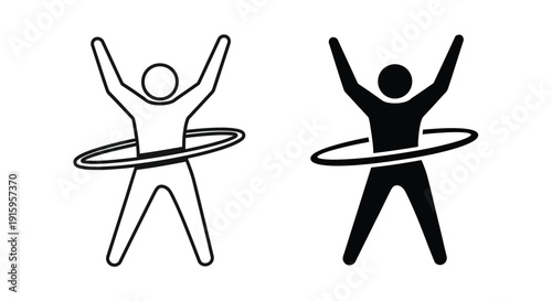 Two stick figures hula hooping with arms raised in celebration