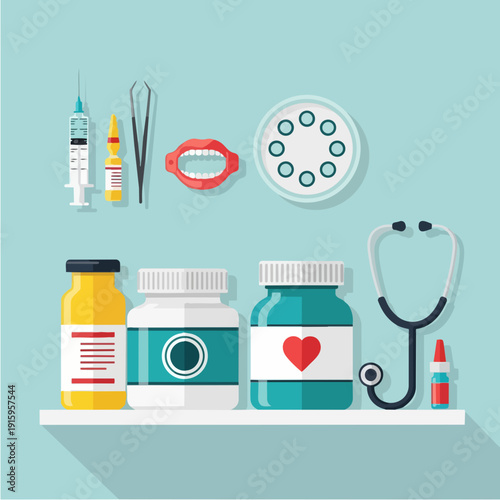 Medical supplies and equipment arranged on a shelf.