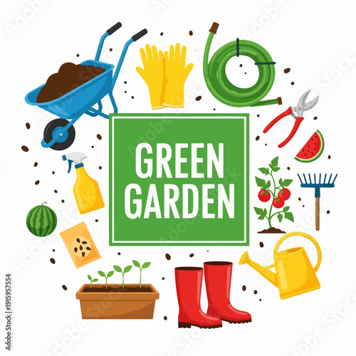 Gardening tools and supplies arranged in a circle.