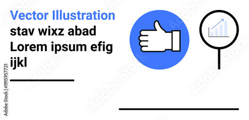 Business analysis, feedback systems, progress tracking, user reviews, data insights, quality assurance. Thumbs up icon and magnifying glass with chart. Feedback systems and business analysis concept