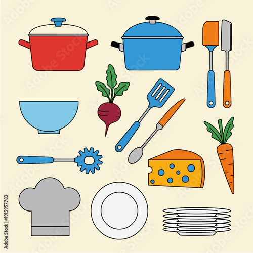 Collection of kitchen utensils and ingredients for cooking.