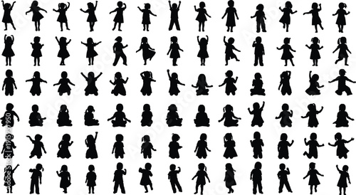 Black silhouette vector illustration of children in diverse poses, dancing, jumping, standing, playful activities, creative human figures, modern design elements