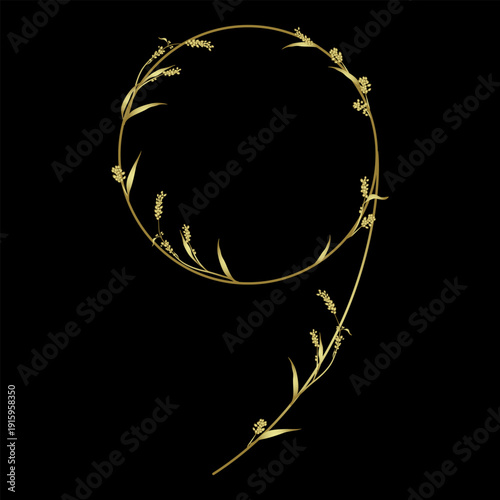 Digit 9 with floral motifs. Numeral nine. Botanical font with herbs and wildflowers. Blooming branches of Polygonum plant. Knotweed or Smartweed flower. Golden glossy silhouette on black background.
