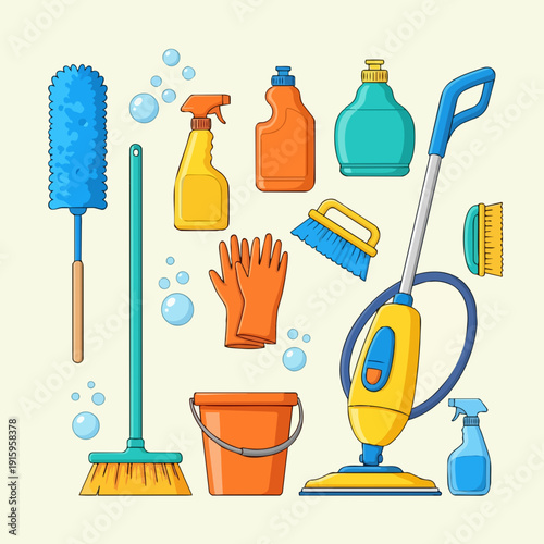 Collection of cleaning supplies and tools for home hygiene.