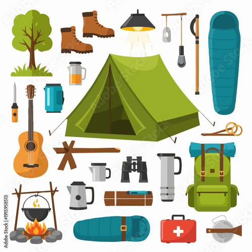 Camping Gear Collection Outdoor Adventure Equipment Illustration.