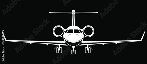 Private Jet Airplane Front View Silhouette Vector Illustration, Modern Business Aircraft Icon, Aviation Transport Design on Black Background