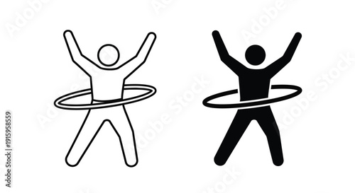 Two stick figures hula hooping with arms raised in black and white
