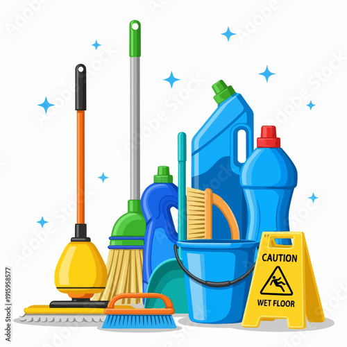 Cleaning supplies and equipment for household chores.