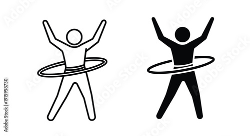 Two stick figures hula hooping with arms raised in playful exercise
