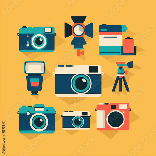 Collection of vintage cameras and photography equipment icons.
