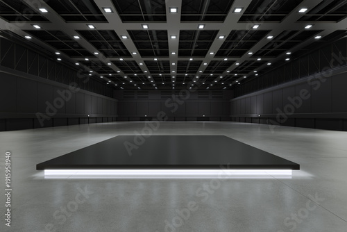 Empty hall exhibition for stage Design,mockup,Product display and Corporate identity.Platform elements in hall.Blank floor system for Graphic Resources.Scene event led night light staging,3D render.
