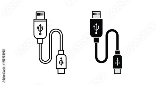 Vector illustration of usb cables with lightning connectors in white and black colors on a pure