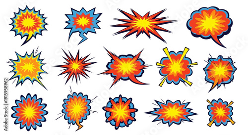 Explosion Comic Book Speech Bubbles, Sound Effects, Action Words, Pop Art Style