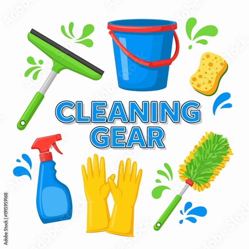 Collection of cleaning supplies and tools for household chores.