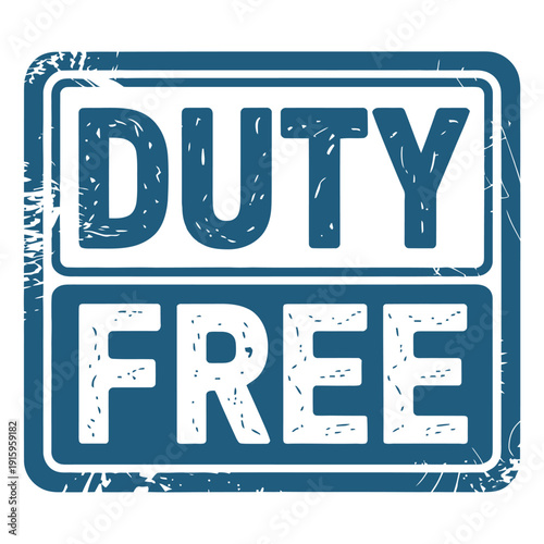 Distressed blue stamp graphic clearly displays the words Duty Free for international commerce.