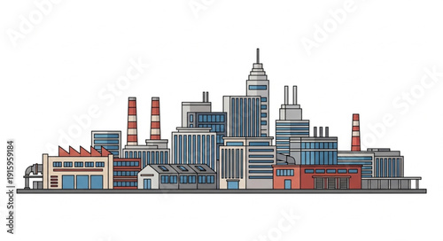 Modern industrial city skyline with factories and skyscrapers.