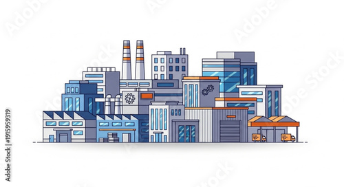 Modern industrial cityscape with various buildings and factories.