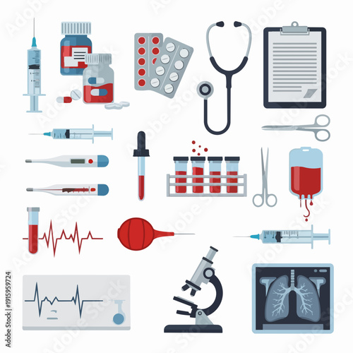 Collection of Medical Instruments and Healthcare Equipment Icons.