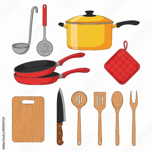 Collection of kitchen utensils and cookware for cooking.