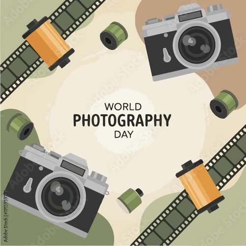 World Photography Day celebration with vintage cameras and film rolls.