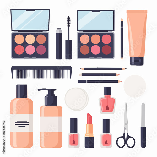 Collection of cosmetic makeup and beauty products arranged neatly.
