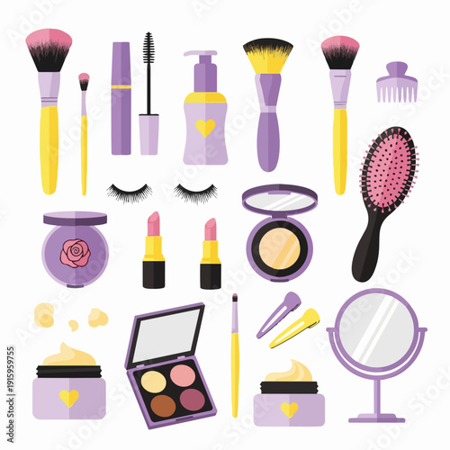 Collection of makeup and beauty products arranged on a white background.