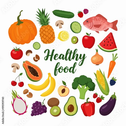 Assortment of fresh healthy fruits and vegetables for a balanced diet.
