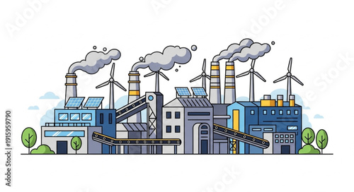 Modern industrial complex with wind turbines and solar panels.