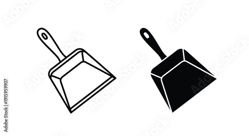Two black dustpans with handles in line art style